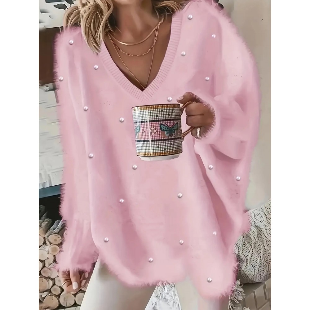 Plus Size - Women'S Asymmetrical V-Neck Geometric Sweater - Soft Pastel Winter Pullover with Trim, Cozy Casual Sweater for Everyday & Semi-Formal Outfits, Relaxed Fit Layering Piece, Easy-Care Durable Design